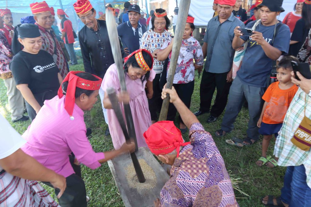 Suasana festival ketika para pomatua adat mengenang penggunaan alu untuk menumbuk padi sambil bernyanyi. Foto : Dok.Mosintuwu